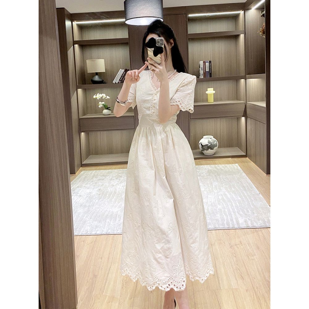 V-Neck Dress Women's Long Dress Waist Temperament Gentle Style Fairy Dress